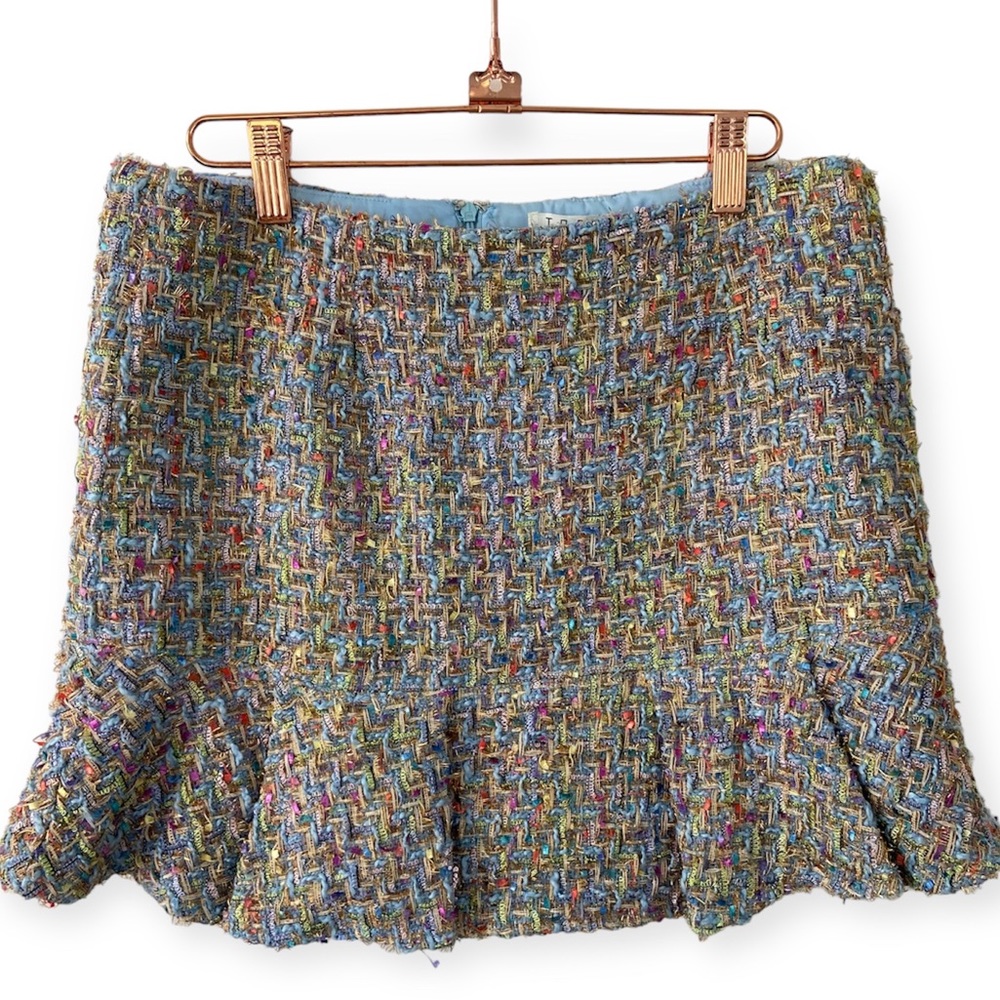 TCEC Blue Mulicolor Tweed Ruffle Preppy Mini Skirt Medium